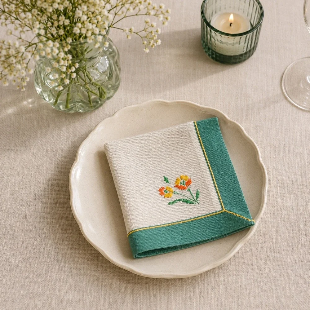 Vintage Set of 4 Linen Cocktail Napkins Cream Green Floral Embroidery 10x10 Sq